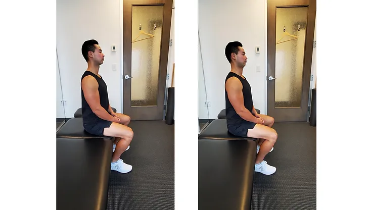 Physiotherapist Eric Lau demonstrating a chin retraction exercise.