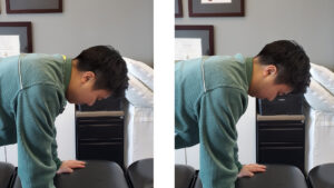 Physiotherapist Bryan Chen demonstrating a chin retraction exercise in a 4 point kneeling position to treat a herniated disc or bulging disc in the neck
