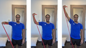 Physiotherapist Najih Ismail preforming the shoulder external rotation to overhead press exercise. This exercise is a rehab exercise for shoulder bursitis and shoulder tendonitis.