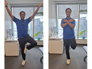 Physiotherapist Najih Ismail is demonstrating a single legged balance exercise with eyes open and arms over the his head. He is also demonstrating a variation where he is standing on one leg with his arms crossed over his chest and eyes are closed. This exercise is used to rehabilitate a meniscus injury in the knee.