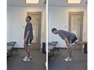 Physiotherapist Najih Ismail demonstrating a single legged deadlift exercise